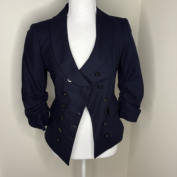 Sine Anthropology Navy Wool Blazer. Cinched Sleeves. Double Breasted. Size 0 - Picture 2 of 12